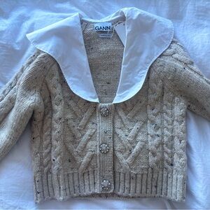 Ganni Cropped Embellished Poplin-collar Cable-knit